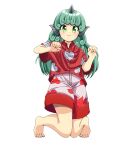  1girl :3 aqua_hair barefoot buttons closed_mouth cloud_print collared_shirt commentary_request curly_hair green_eyes heart highres horns kariyushi_shirt komano_aunn long_hair paw_pose red_shirt shirt short_sleeves simple_background single_horn thick_eyebrows toes touhou white_background yugiri_(yugiri_picture) 