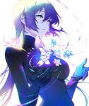  1girl absurdres aqua_eyes bangs bodysuit breasts cherry_blossoms eyebrows_visible_through_hair flower hands_up highres large_breasts light long_hair minj_kim multicolored_eyes open_mouth original purple_hair solo upper_body white_background yellow_eyes 