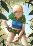  1girl absurdres bangs belt blonde_hair blue_eyes blue_shirt blunt_bangs bow_(weapon) braid breasts brown_gloves capelet commentary eyebrows_visible_through_hair fingerless_gloves from_below gloves grass green_capelet green_shorts hand_on_hip highres holding holding_bow_(weapon) holding_weapon hyrule_warriors large_breasts leaning_forward lem light_smile linkle looking_at_viewer looking_down midriff navel pointy_ears shirt short_hair short_shorts shorts solo the_legend_of_zelda thighs twin_braids weapon 