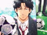  1boy ao_ashi ball bangs black_footwear black_hair black_pants blurry blurry_background day facial_hair formal fukuda_tatsuya grass ika_choco looking_at_viewer multiple_views necktie outdoors pants parted_bangs red_necktie soccer_ball stubble suit upper_body 