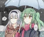  ... 2girls closed_eyes commentary contemporary expressionless eyebrows_visible_through_hair girls_frontline green_hair hairband hand_on_another&#039;s_arm happy korean_commentary long_hair m950a_(girls&#039;_frontline) multiple_girls musical_note outdoors shared_umbrella sidarim smile snow snowing spoken_ellipsis spoken_musical_note sweatdrop thunder_(girls&#039;_frontline) twintails umbrella upper_body white_hair yellow_eyes 