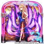  1girl blonde_hair bracelet braid breasts china_dress chinese_clothes company_name copyright_name dress energy_tail english_text fingernails fox_tail hand_on_hip high_heels jewelry jukebox junko_(touhou) large_breasts long_fingernails long_hair menu official_art poster_(object) tail touhou_lost_word yellow_eyes 