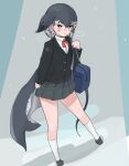 1girl bag black_jacket blue_eyes blush bow bowtie cetacean_tail collared_shirt commentary_request eyebrows_visible_through_hair grey_hair grey_skirt hair_bow highres jacket kemono_friends long_sleeves morrowine multicolored_hair narwhal_(kemono_friends) pleated_skirt red_bow red_bowtie school_bag school_uniform shirt short_hair_with_long_locks skirt socks solo tail white_legwear white_shirt