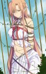  1girl armpits arms_behind_back asuna_(sao) bdsm bondage bound bound_arms brown_eyes brown_hair hao718 highres long_hair looking_down navel pointy_ears restrained sad solo sword_art_online titania_(sao) 