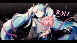  1girl aqua_hair bouquet cake_mogo closed_eyes dark_background dated detached_sleeves eyebrows_visible_through_hair facing_viewer flower gradient gradient_background hatsune_miku holding holding_bouquet letterboxed long_hair lower_teeth red_flower shirt sleeveless sleeveless_shirt solo teeth upper_body upper_teeth very_long_hair vocaloid wide_sleeves yellow_flower 