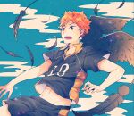  1boy black_feathers brown_eyes feathered_wings haikyuu!! highres hinata_shouyou male_focus messy_hair midriff open_mouth orange_hair shorts sky solo sparkle sportswear tanuki_happa volleyball_uniform wings 