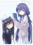  2girls :o animal_ears arms_behind_back bangs black_dress black_hair blue_archive blue_eyes blue_hair blue_hairband blue_neckerchief blush book cardigan china_dress chinese_clothes dress eyebrows_visible_through_hair green_eyes hair_ribbon hairband halo highres holding holding_book kyuuri_(miyako) long_hair long_sleeves multiple_girls neckerchief parted_lips ribbon sailor_collar school_uniform serafuku shun_(blue_archive) shun_(kid)_(blue_archive) simple_background skirt sparkle twintails two_side_up ui_(blue_archive) very_long_hair white_sailor_collar white_skirt 