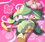  blush bright_pupils commentary_request crown flower highres hisuian_lilligant lilligant looking_at_viewer mini_crown nettsuu on_lap pink_background pink_flower pokemon pokemon_(creature) pokemon_on_lap shoes sitting sweatdrop violet_eyes white_pupils yellow_footwear 