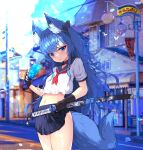  1girl absurdres animal_ears bangs black_gloves black_skirt blue_eyes blue_hair building collar commentary cup disposable_cup drink drinking_straw dual_wielding english_commentary eyebrows_visible_through_hair fingerless_gloves fox_ears fox_girl fox_tail gloves hair_between_eyes hair_ribbon highres holding holding_cup holding_sword holding_weapon ice ice_cube katana long_hair looking_at_viewer lucidgirl mole mole_under_eye nail_polish navel original pleated_skirt ribbon school_uniform serafuku short_sleeves sidelocks skirt smile solo stomach sword tail translation_request weapon 