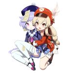  2girls absurdres backpack bag bead_necklace beads black_nails blonde_hair boots cromachina eyebrows_visible_through_hair genshin_impact hat highres jewelry jiangshi klee_(genshin_impact) long_hair long_sleeves multiple_girls necklace ofuda open_mouth pointy_ears purple_hair qing_guanmao qiqi_(genshin_impact) red_eyes red_headwear simple_background thigh-highs white_background white_legwear 