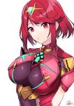  1girl bangs breasts chest_jewel gem headpiece highres large_breasts ppps pyra_(xenoblade) red_eyes redhead short_hair simple_background solo swept_bangs tiara white_background xenoblade_chronicles_(series) xenoblade_chronicles_2 