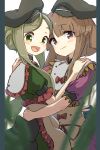  2girls :d apron back_bow bangs black_bow black_headwear blunt_bangs blush bow brown_hair dress eyebrows_visible_through_hair frilled_sleeves frills from_side green_dress green_eyes green_hair hat highres hug large_bow looking_at_viewer looking_to_the_side multiple_girls nishida_satono open_mouth pillarboxed protected_link puffy_short_sleeves puffy_sleeves purple_dress ribbon short_hair short_hair_with_long_locks short_sleeves simple_background smile tate_eboshi teireida_mai touhou uisu_(noguchipint) violet_eyes waist_apron white_background 