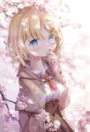  1girl absurdres blonde_hair blue_eyes breasts brown_cape brown_skirt cape cherry_blossoms collared_shirt high-waist_skirt highres hire_(uret4788) hololive hololive_english necktie plaid plaid_skirt red_necktie shirt short_hair skirt smile solo spring_(season) virtual_youtuber watson_amelia white_shirt 