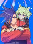  2boys androgynous animal_ears blue_background blue_eyes blue_hair cat_boy cat_ears clenched_teeth crossed_arms eyebrows_visible_through_hair firefighter_jacket galo_thymos green_hair highres hug hug_from_behind jacket lio_fotia looking_at_viewer male_focus mohawk multiple_boys promare red_jacket rice_(rice8p) short_hair sidecut sidelocks teeth violet_eyes 