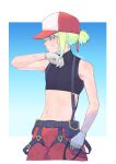  1boy androgynous blue_background border dirty gloves gradient gradient_background green_hair highres kome_1022 lio_fotia male_focus midriff navel outside_border pants ponytail profile promare red_headwear red_pants short_hair sidelocks solo sweat two-tone_headwear violet_eyes white_border white_gloves 