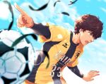  1boy :o ao_ashi aoi_ashito ball blue_sky blurry blurry_foreground brown_eyes brown_hair day feathers ika_choco lens_flare male_focus open_mouth outdoors pointing sky soccer_ball soccer_uniform sportswear wavy_hair 