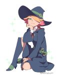  1girl amanda_o&#039;neill arikindows10 green_eyes hat highres little_witch_academia looking_at_viewer multicolored_hair orange_hair redhead robe shirt short_hair sitting skirt solo two-tone_hair white_background witch_hat 