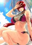  1girl bangle beach bikini bracelet breasts choker commentary_request covered_eyes day hair_over_eyes highres hot jewelry large_breasts lens_flare lips long_hair low_twintails multi-strapped_bikini palm_tree pink_lips purple_bikini redhead shermie_(kof) sitting sk_(sk-g) solo sweat swimsuit the_king_of_fighters tree twintails under_boob very_long_hair 