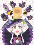  1girl black_headwear bow bowtie breasts brooch coat dress green_eyes grey_hair hair_ornament hat highres hololive jewelry multicolored_eyes murasaki_shion orange_eyes purple_bow purple_bowtie purple_coat purple_dress shiokko_(murasaki_shion) small_breasts star_brooch virtual_youtuber witch witch_hat youtube_creator_award yukimaru_sanada 