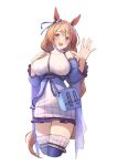  1girl absurdres animal_ears bag bangs bare_shoulders blue_eyes blue_legwear blush breasts brown_hair cowboy_shot detached_sleeves dress hair_ornament hand_up handbag highres horse_ears horse_girl horse_tail large_breasts long_hair long_sleeves looking_at_viewer open_mouth risa_(pixiv23908854) simple_background smile super_creek_(umamusume) sweater sweater_dress tail thigh-highs thighs umamusume white_background white_sweater 