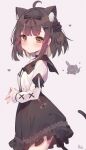  1girl ahoge animal_ear_fluff animal_ears annin_miru annin_miru_channel bangs black_bow black_flower black_rose black_skirt blunt_bangs blush bow brown_eyes brown_hair cat_ears cat_tail choker closed_mouth commentary earrings extra_ears eyebrows_visible_through_hair flower frilled_skirt frills from_side hair_bow hair_flower hair_ornament heart heart-shaped_pupils heart_earrings high-waist_skirt highres jewelry long_sleeves looking_at_viewer looking_to_the_side own_hands_together puffy_sleeves roin rose short_hair sidelocks simple_background skirt solo symbol-shaped_pupils tail upper_body 