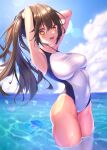  1girl absurdres armpits arms_behind_head blue_sky breasts clouds competition_swimsuit covered_navel cowboy_shot day english_commentary highres horizon medium_breasts ocean one-piece_swimsuit original outdoors peco_(peco_art) presenting_armpit sky soaking_feet solo standing swimsuit white_swimsuit 