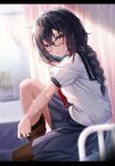  1girl absurdres bangs black-framed_eyewear black_hair blush braid breasts fou_(ssqseeker) glasses highres large_breasts long_hair looking_at_viewer original pink_eyes rectangular_eyewear school_uniform serafuku skirt solo sweat 