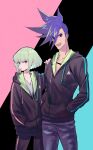  2boys androgynous black_hoodie blue_eyes blue_hair eyebrows_visible_through_hair eyes_visible_through_hair galo_thymos green_hair hand_on_another&#039;s_shoulder hands_in_pockets highres hood hoodie lio_fotia looking_at_viewer male_focus mohawk multiple_boys open_mouth promare rice_(rice8p) short_hair sidecut sidelocks smile violet_eyes zipper 