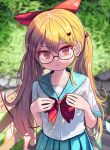  1girl alternate_costume aqua_sailor_collar aqua_skirt bespectacled blonde_hair blurry blurry_background blush bow bowtie chair collarbone cowboy_shot english_commentary eyebrows_visible_through_hair flandre_scarlet glasses hair_between_eyes hair_bow long_hair looking_at_viewer outdoors pleated_skirt red_bow red_bowtie red_eyes sailor_collar sailor_shirt school_chair shirt skirt solo sseopik touhou tree twintails wings 