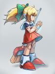  1girl absurdres ahoge android bangs blonde_hair blue_eyes blunt_bangs bow broom closed_mouth commentary dress eyebrows_visible_through_hair floating_hair full_body green_bow grey_background hair_bow highres hood hood_down hoshi_mikan joints long_hair looking_afar mega_man_(classic) mega_man_(series) number_tattoo ponytail red_dress red_footwear robot robot_joints roll_(mega_man) shadow short_sleeves simple_background solo standing tattoo 