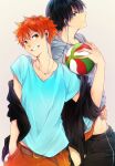 2boys ball belt black_hair blue_hair blue_shirt brown_belt brown_eyes earphones earphones grin haikyuu!! hand_in_pocket highres hinata_shouyou holding holding_ball jewelry kageyama_tobio looking_at_viewer messy_hair multiple_boys necklace orange_hair shirt simple_background smile tanuki_happa volleyball 