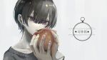 1boy apple collarbone eyebrows_visible_through_hair fingernails food fruit grey_background grey_hair hair_between_eyes highres holding holding_food holding_fruit looking_at_food male_focus original painterly parted_lips siun_5513 solo translation_request upper_body violet_eyes 