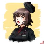  1girl bangs black_jacket brown_hair dress_shirt garrison_cap girls_und_panzer green_eyes hat hat_loss insignia jacket kuromorimine_military_uniform long_sleeves mauko_(girls_und_panzer) military_hat nishi_itsumi red_shirt shirt short_hair surprised wing_collar 