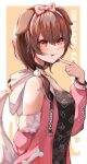  1girl :3 :p animal_ears animal_hood animal_print bare_shoulders bisuke_(isbsk_ekaki) black_shirt blush bone_print border bow_hairband brown_eyes brown_hair character_name choker cross-laced_clothes cross-laced_sleeves detached_sleeves dog_ears dog_girl dog_hood dog_print dog_tail dot_nose drawstring english_text eyebrows_visible_through_hair eyelashes from_side fur-trimmed_sleeves fur_trim hair_ornament hair_over_shoulder hairband hand_up highres hololive hood hooded_jacket hoodie inugami_korone jacket jewelry long_sleeves low_ponytail medium_hair o-ring o-ring_choker official_alternate_costume orange_background outside_border pendant pendant_choker pink_hoodie pink_jacket pointing pointing_at_self pom_pom_(clothes) pom_pom_hair_ornament shirt sidelocks simple_background smile solo t-shirt tail tongue tongue_out upper_body virtual_youtuber white_border 