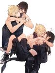  1boy 1girl arm_ribbon black_footwear black_hair black_pants black_shirt blonde_hair blue_eyes blush closed_eyes cloud_strife final_fantasy final_fantasy_vii final_fantasy_vii_advent_children highres hug hug_from_behind kiss long_hair maiii_(smaii_i) midriff on_lap pants ribbon shirt sleeveless sleeveless_shirt spiky_hair tifa_lockhart white_background 