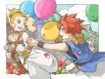  1boy 1girl balloon bare_shoulders blonde_hair breasts cat choker chrono_trigger crono_(chrono_trigger) green_eyes headband highres jewelry long_hair marle_(chrono_trigger) necklace open_mouth ponytail redhead spiky_hair uzutanco 