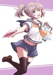  1girl aoba_(kancolle) black_legwear blue_eyes boots clipboard cowboy_shot fuji_(pixiv24804665) highres kantai_collection looking_at_viewer mechanical_pencil navel neckerchief open_mouth pencil ponytail purple_hair purple_sailor_collar purple_shorts running sailor_collar school_uniform scrunchie serafuku short_hair shorts solo teeth thigh-highs upper_teeth yellow_neckerchief 