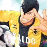  1boy ao_ashi ball black_hair blurry blurry_foreground brown_eyes day facing_viewer grin hand_up ika_choco jersey male_focus outdoors pompadour smile soccer_ball soccer_uniform solo sportswear togashi_keiji upper_body 