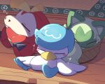  basket blush_stickers bubble closed_eyes closed_mouth commentary_request fuecoco highres indoors nettsuu poke_ball_print pokemon quaxly sleeping sprigatito starter_pokemon_trio wooden_floor 