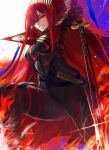  1girl absurdres black_bodysuit bodysuit breasts cape eyebrows_visible_through_hair fate/grand_order fate_(series) hair_over_one_eye high_collar highres holding holding_sword holding_weapon kansya long_hair looking_at_viewer oda_nobunaga_(fate) oda_nobunaga_(maou_avenger)_(fate) red_cape red_eyes redhead shaded_face simple_background skin_tight solo straight_hair sword very_long_hair weapon white_background 
