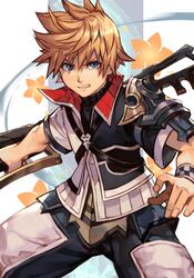  1boy armor blonde_hair collared_shirt flower hankuri jacket keyblade kingdom_hearts kingdom_hearts_birth_by_sleep looking_at_viewer shirt short_hair short_sleeves simple_background solo spiky_hair strap teeth ventus_(kingdom_hearts) weapon white_background wrist_cuffs 