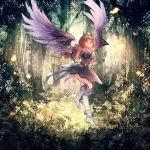  1girl absurdres alternate_color alternate_hair_color bare_shoulders boots breasts brown_hair chinese_commentary dress duel_monster feathered_wings flying forest grass hair_ornament hands_up highres huginn_wings_of_the_mysterune large_breasts medium_hair nature pink_eyes realpha solo standing standing_on_one_leg tree vambraces wings yu-gi-oh! 