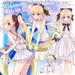  1girl ahoge artoria_pendragon_(fate) back_bow bangs black_bow blonde_hair bow casual_one-piece_swimsuit closed_mouth dress eyebrows_visible_through_hair fate/unlimited_codes fate_(series) floating_hair green_eyes hair_between_eyes hair_bow highres innertube long_hair looking_at_viewer multiple_views nayu_tundora one-piece_swimsuit outline pleated_dress ponytail saber_lily school_swimsuit shiny shiny_hair short_dress shoulder_blades sidelocks sleeveless sleeveless_dress smile standing swimsuit thigh_gap white_bow white_dress white_swimsuit wrist_bow 