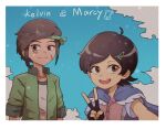  1boy 1girl amphibia brown_eyes brown_hair cape clouds disney english_text fingerless_gloves gloves hair_ornament hairclip headband highres hikiomor jacket looking_at_viewer marcy_wu non-web_source original scar scar_on_face short_hair sky smile v 