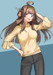  1girl :d ahoge alternate_costume black_pants blouse blue_background breasts brown_hair character_name contrapposto cowboy_shot eyebrows_visible_through_hair hair_bun headgear highres kantai_collection kongou_(kancolle) kongou_kai_ni_(kancolle) long_hair looking_at_viewer medium_breasts pants simple_background smile solo standing twitter_username two-tone_background umibudou violet_eyes yellow_blouse 