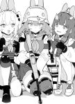  3girls :d @_@ absurdres ahoge animal_ears armband assault_rifle binoculars black_footwear black_gloves blue_archive breasts cellphone character_request closed_mouth commentary ddari eyebrows_visible_through_hair fake_animal_ears gloves greyscale gun helmet highres knee_pads kneeling leaf leaf_on_head load_bearing_equipment long_hair long_sleeves looking_at_viewer medium_breasts medium_hair miyu_(blue_archive) monochrome multiple_girls neckerchief one_knee open_mouth pantyhose phone plate_carrier pleated_skirt rabbit_ears rifle sailor_collar saki_(blue_archive) school_uniform skirt smartphone smile squatting tactical_clothes thigh-highs thighs twintails v-shaped_eyebrows weapon white_footwear 