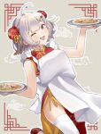  1girl ;d ahoge apron bangs bare_arms bare_shoulders binchou_maguro bun_cover china_dress chinese_clothes commentary_request double_bun dress eyebrows_behind_hair food food_request grey_background grey_hair hair_ornament hairclip holding holding_tray koharu_rikka looking_at_viewer one_eye_closed outline plate red_dress red_footwear shoes short_hair sleeveless sleeveless_dress smile solo standing standing_on_one_leg steam thigh-highs tray violet_eyes voiceroid white_apron white_legwear white_outline 