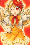  1girl animal_on_head bird bird_on_head bird_wings blonde_hair chick chicken commentary_request cowboy_shot dress feathered_wings highres maa_(forsythia1729) marker_(medium) multicolored_hair niwatari_kutaka on_head one_eye_closed open_mouth orange_dress red_background red_ribbon redhead ribbon shirt touhou traditional_media two-tone_hair white_shirt wings 