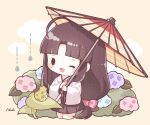  1girl ahoge bangs black_hair blue_flower bow clouds commentary_request flower frog hair_bow highres holding holding_umbrella hydrangea kantai_collection leaf long_hair long_sleeves low-tied_long_hair nada_namie oil-paper_umbrella one_eye_closed open_mouth pink_bow pink_flower purple_flower shouhou_(kancolle) signature simple_background solo umbrella very_long_hair water_drop wide_sleeves 