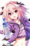  1boy :d astolfo_(fate) astolfo_(memories_at_trifas)_(fate) bad_id bad_pixiv_id black_ribbon blush bottle braid crossdressing eyebrows_visible_through_hair fang fate/apocrypha fate/grand_order fate_(series) hair_between_eyes hair_intakes hair_ornament hair_ribbon head_tilt holding holding_bottle hood hoodie jacket jewelry long_hair male_focus multicolored_hair necklace open_mouth otoko_no_ko pink_hair purple_hoodie purple_jacket purple_shirt ribbon risei_jouhatsushita_ponco shirt smile streaked_hair striped striped_shirt violet_eyes water water_bottle white_background 